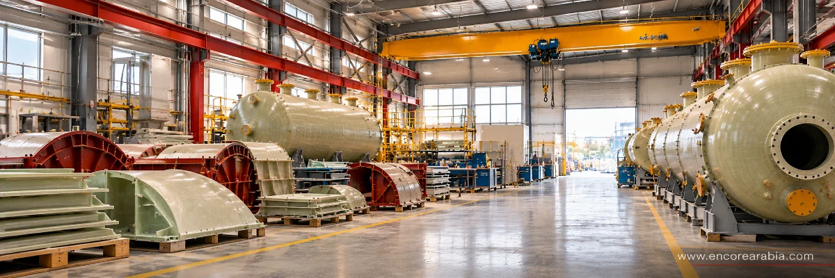 Encore Arabia feeder shop and assembly shop floor with moulds, overhead cranes and fabricated FRP components