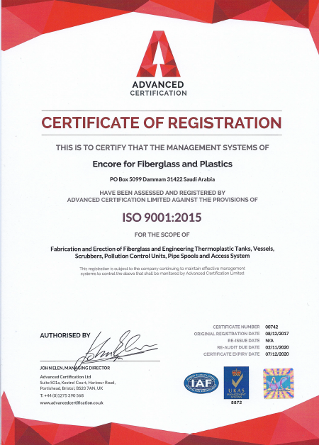 ISO 9001:2015 certification badge for Encore for Fiberglass and Plastics, certified by Advanced Certification — UKAS Management Systems 8872