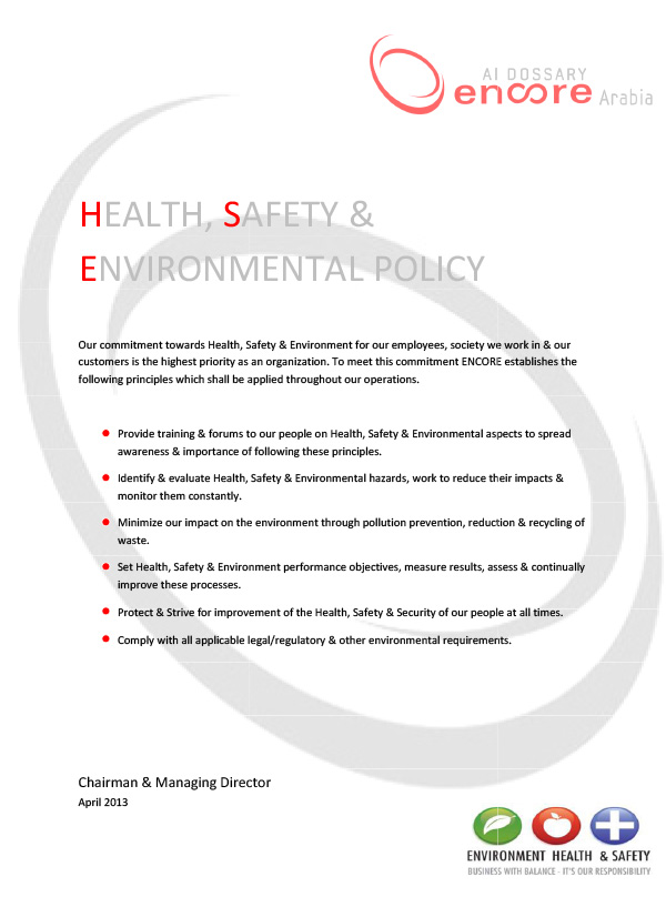 Health and safety equipment and procedures at the Encore Arabia facility