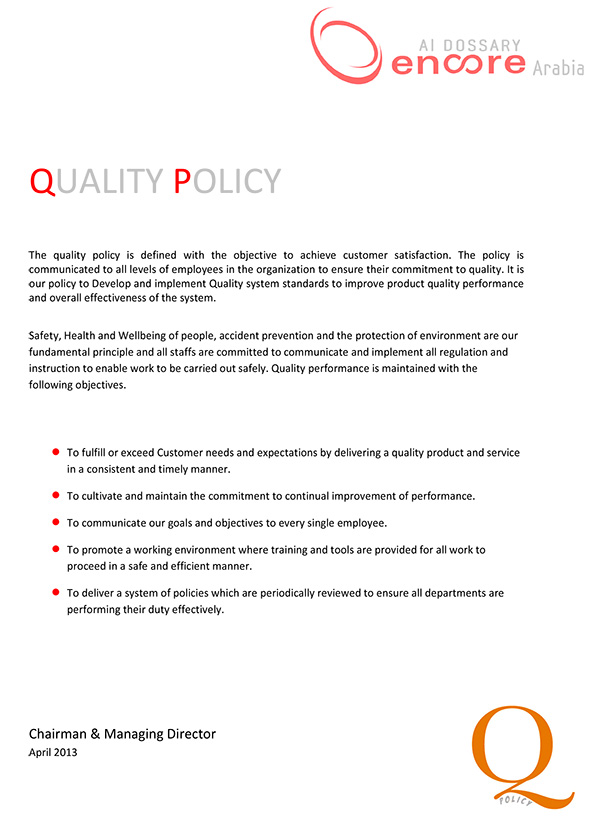 Encore Arabia quality policy displayed at the Dammam manufacturing facility